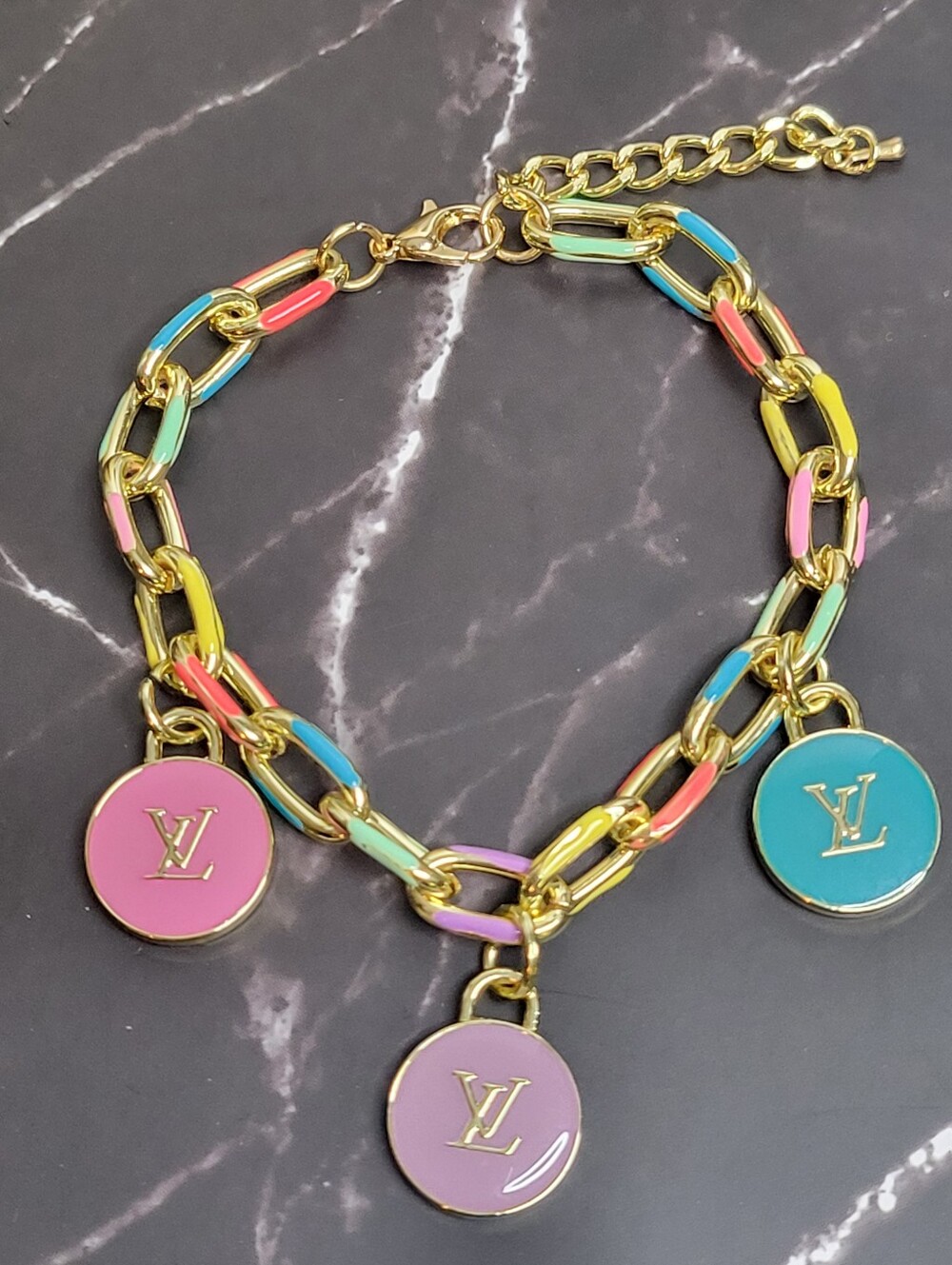 18k Gold Plated Multi Color Bracelet, 3 LV    Skittle Zip Pulls